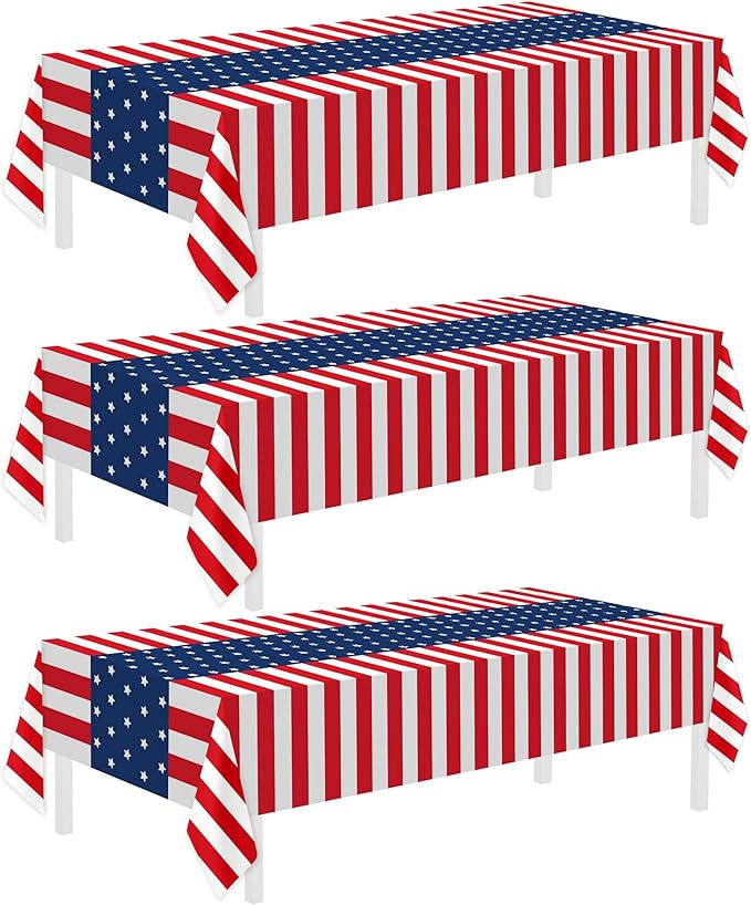 Childom 3 Pack Patriotic Tablecloths 4th of July Decorations,Disposable Plastic Tablecloths 54"x108",Patriotic Themed Party Table Cloth for Kids Birthday Party Supplies,Outside,Picnic,Camping,Memorial
