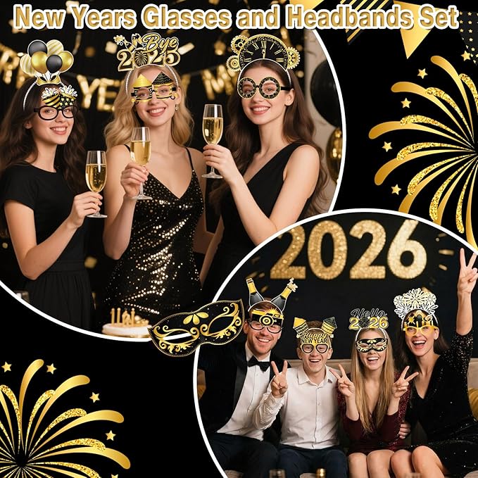 Pajean 32 Pcs New Year Eve Party Supplies 2026 Include 16 Paper Eyeglasses and 16 Paper Headbands Happy New Year Photo Booth Props for Black Gold 2026 Eve Party Decoration Favors Accessories