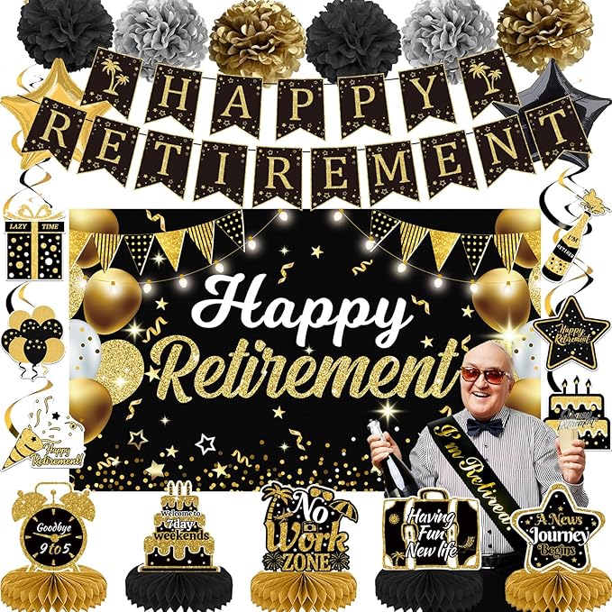 22Pcs Retirement Party Decorations for Men Women, Black and Gold Happy Retirement Banner, Poster, Sash, Balloons, Honeycomb Centerpieces - Retirement Party Supplies for Farewell Goodbye Party