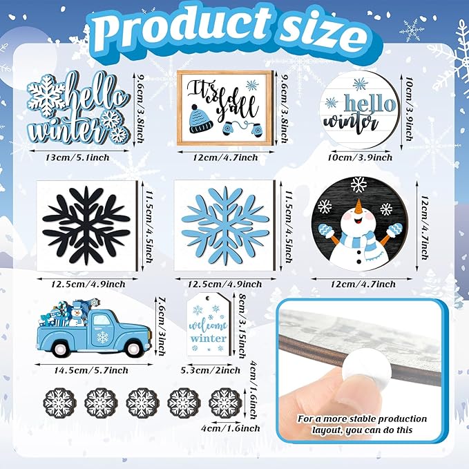 Winter Tiered Tray Decor Winter Snowman and Snowflakes Wooden Signs Farmhouse Tiered Tray Decorations Set Wood Table Decor for Holiday Home Kitchen(Retro Style)