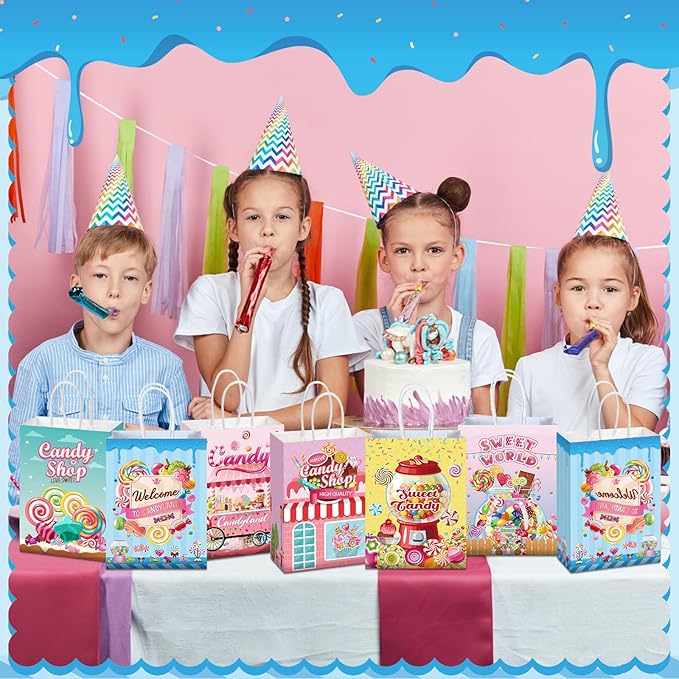 24 Pcs Candy Sweet Land Goodie Bags with Handles Lollipop Gift Bags Candy Party Favors Sweet Shop Theme Treat Boxes for School Birthday Wedding Baby Shower Party Decor