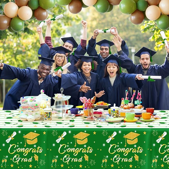 Graduation Tablecloth Party Decorations 2026, 3 Pack Green Large Size 54"x108" Congrats Grad Disposable Rectangle Table Covers Plastic Table Cloth for College High School Class of 2026 Party Supplies