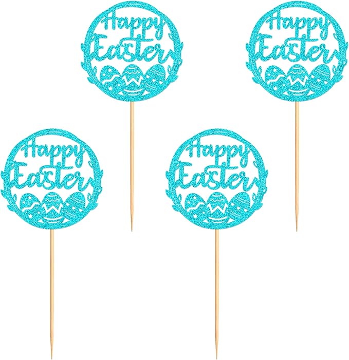Ercadio 24Pcs Happy Easter Cupcake Toppers Glitter Blue Happy Easter Eggs Cupcake Picks for Easter Day Theme Baby Shower Easter Birthday Wedding Anniversary Party Cupcake Decorations
