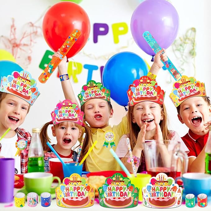 144 PCS Birthday Crowns for Kids Classroom Include 36 Colorful Birthday Paper Hats with Elastic Band 36 Badge Stickers 36 Slap Bracelets and 36 pencils for Classroom School Party Supplies