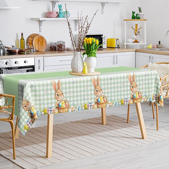 QZYL 3 Pack Easter Tablecloths, 54" x 108" Disposable Easter Decorations, Sage Green Bunny Plaid Spring Tablecloth, Rectangle Plastic Easter Table Cloth with Easter Party Decorations Supplies Favors
