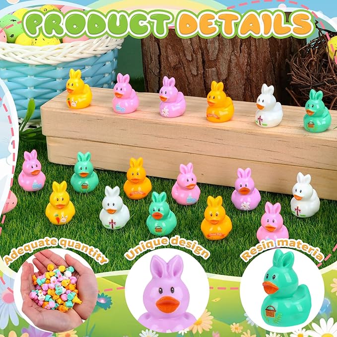 120 Pcs Easter Mini Resin Ducks 6 Style Miniature Bunny Ear Duck Figurines Easter Bulk Tiny Ducks for Party Favor Gifts Topper Desk Basket Craft Garden Landscape Ornament Potted Decor