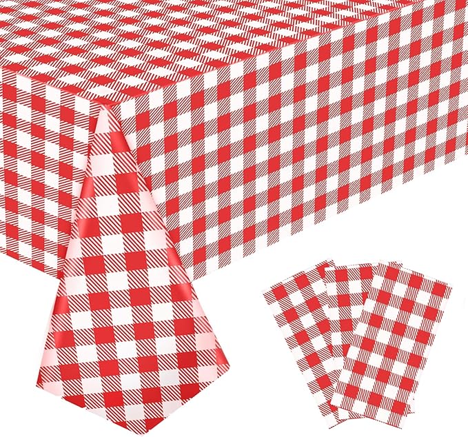 3 Pack Red and White Checkered Tablecloth, 54 X 108Inch Plastic Red Gingham Table Cloth Disposable Spring Picnic Tablecloth Waterproof Red Checkered Table Cover for BBQ Picnic Barbecue Birthday Party