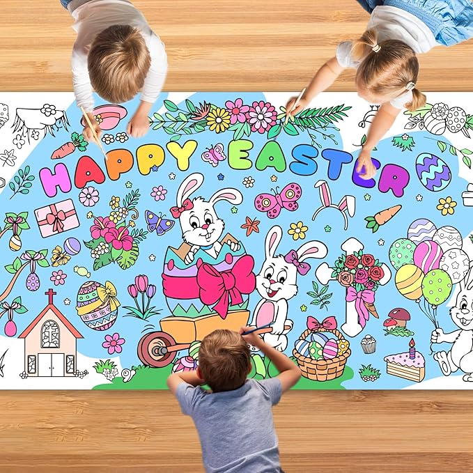 Easter Giant Coloring Poster for Kids,30x72 Inch Happy Easter Crafts Drawing Paper Coloring Tablecloth DIY Art Crafts for Kids Party Bunny Egg Themed Activity Classroom Home Party Suppiles