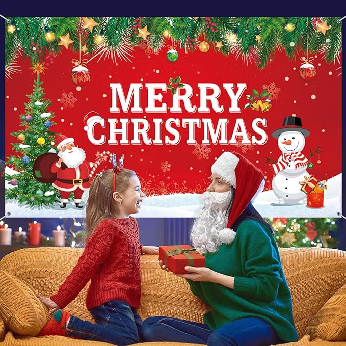 Merry Christmas Backdrop for Photography Banner Large Snow Wonderland Backdrop Winter Snowman Scene Xmas Santa Tree Background for Outdoor Indoor Christmas Decorations Party Gifts, 72.8 x 43.3 Inch