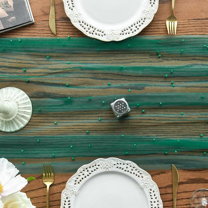 Artoid Mode 6PCS Pearl Dark Green Gauze Table Runner 120 Inch 10FT, Seasonal Sheer Dining Holiday Wedding Birthday Baby Shower Table Decor for Home Party