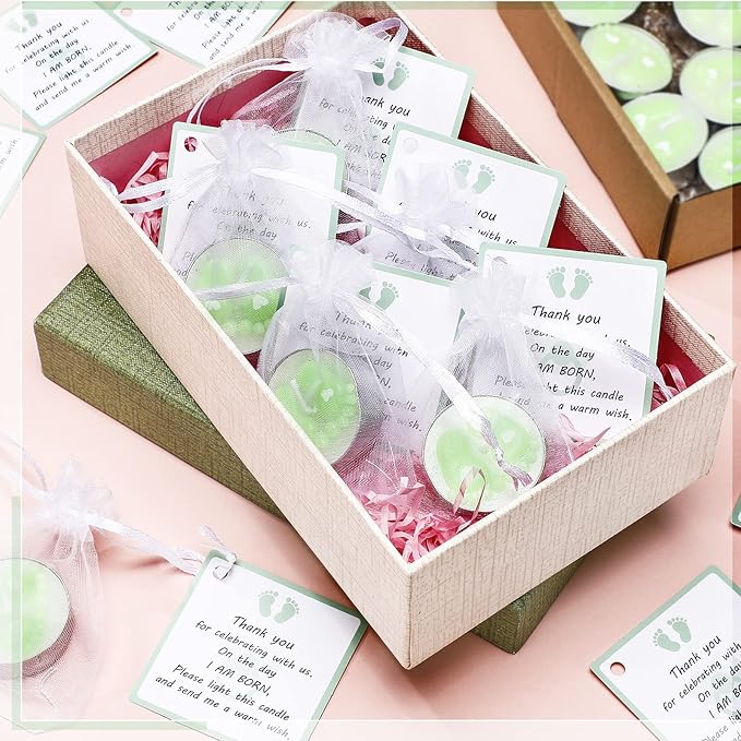 Treela 20 Sets Baby Shower Party Favors Green Tea Lights Candles with Organza Bag for Guests Cute Feet Shaped Burning Thank You Tags Return Gifts Keepsakes for Baby Shower Gender Reveal Party