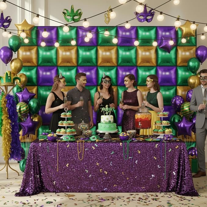 50 Pcs Mardi Gras Party Decor Double Sided Square Foil Balloons Wall Backdrop 19'' Purple Green Gold Foil Balloon Tunnel Arch Garland Kit for Fat Tuesday New Orleans Carnival Masquerade Party