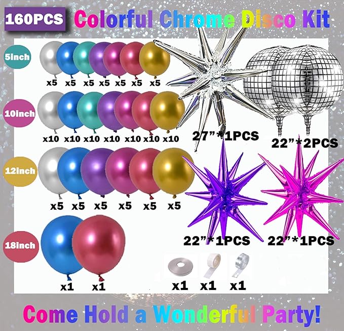 161pcs Shiny Chrome Balloon Garland Arch Kit Retro Disco Dance Party Decorations with 4D Disco Ball Balloons and Explosion Star Foil Balloons for 80s 90s Theme Neon Birthday Galaxy Supplies