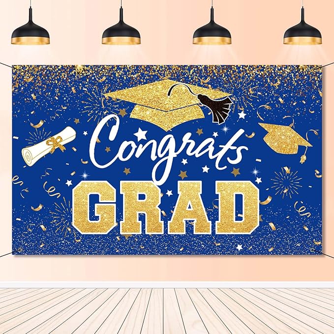 Graduation Party Decorations - Blue Gold Congrats Grad Class of 2026 Backdrop Banner Large Sign Wall Decorations Photography Background Party Supplies for 2026 Graduation Party Decorations