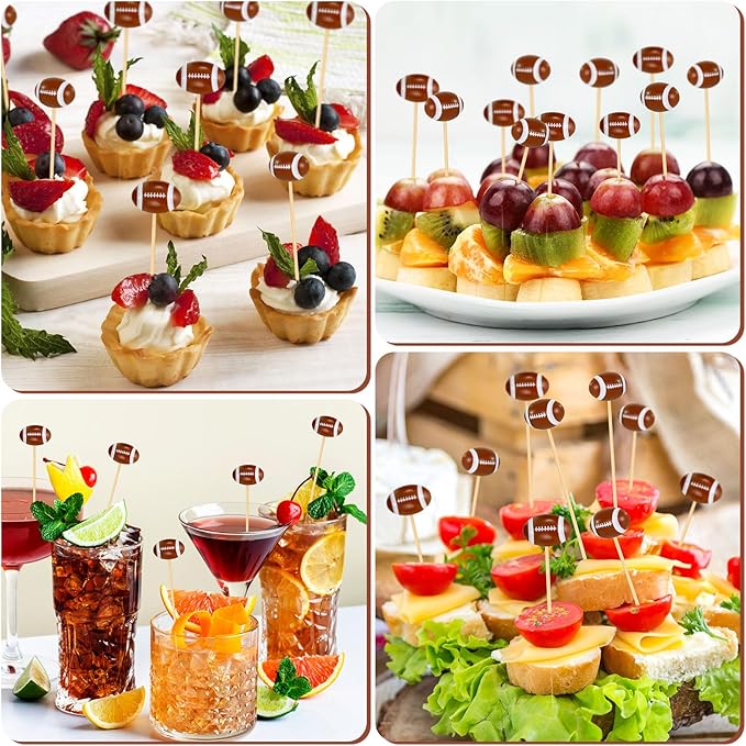 50 Pcs Football Toothpicks, 4.72 Inch Football Cocktail Picks for Appetizers, Long Bamboo Toothpicks, Decorative Toothpicks Skewers for Holiday Birthday Party Decorations (Football 3D)