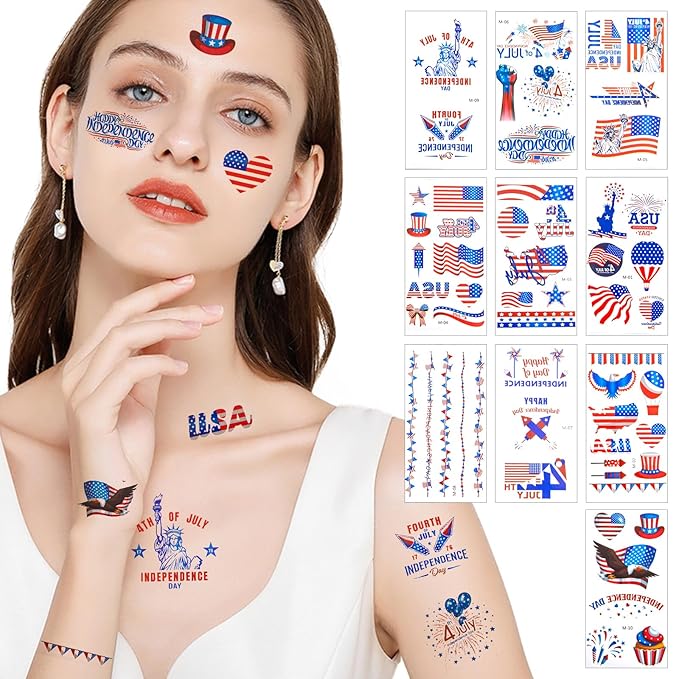 4th of July Temporary Tattoos Party Decoration, American Flag Red White and Blue Patriotic Tattoo, Fourth of July USA Face Tattoo Sticker Party Favors Memorial Veterans Independence Day Accessories