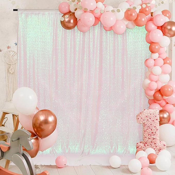 PartyDelight Iridescent White Sequin Backdrop 6x8ft - High Density 3mm Shimmer Sequin Background with 4-Inch Rod Pocket, Sparkly Photography Curtain for Birthday, TikTok & Live Decor