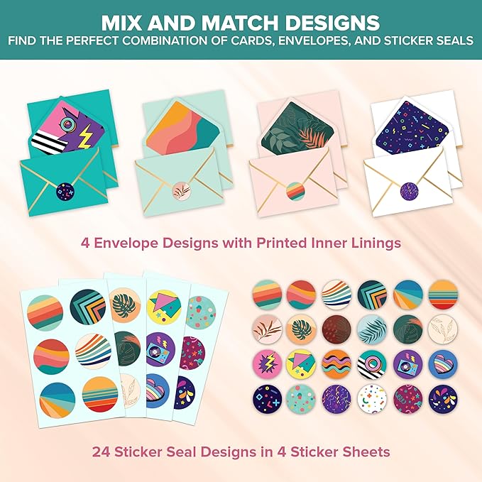 Decorably 24 Pack 6x4in Gratitude Assorted Thank You Cards Variety Pack with Envelopes and Stickers, 8 Colorful Designs for Friends, Loved Ones, Coworkers, Teachers, Blank Inside - All Occasions