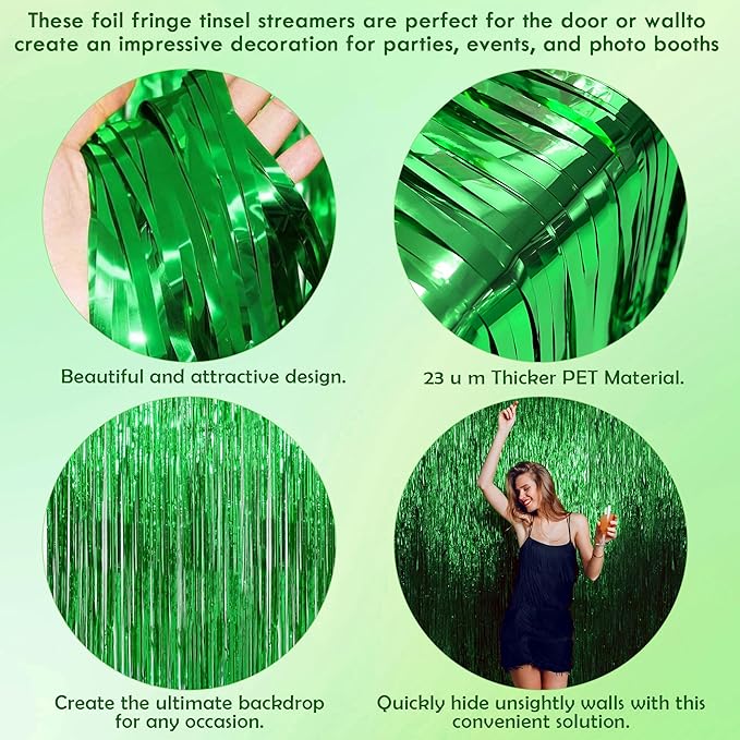 Green Tinsel Backdrop Curtains - 2 Pack Metallic Foil Fringe Streamers Photo Backdrop for Birthday Dinosaur Animal Football Golf Theme Party Decorations Wall Decor