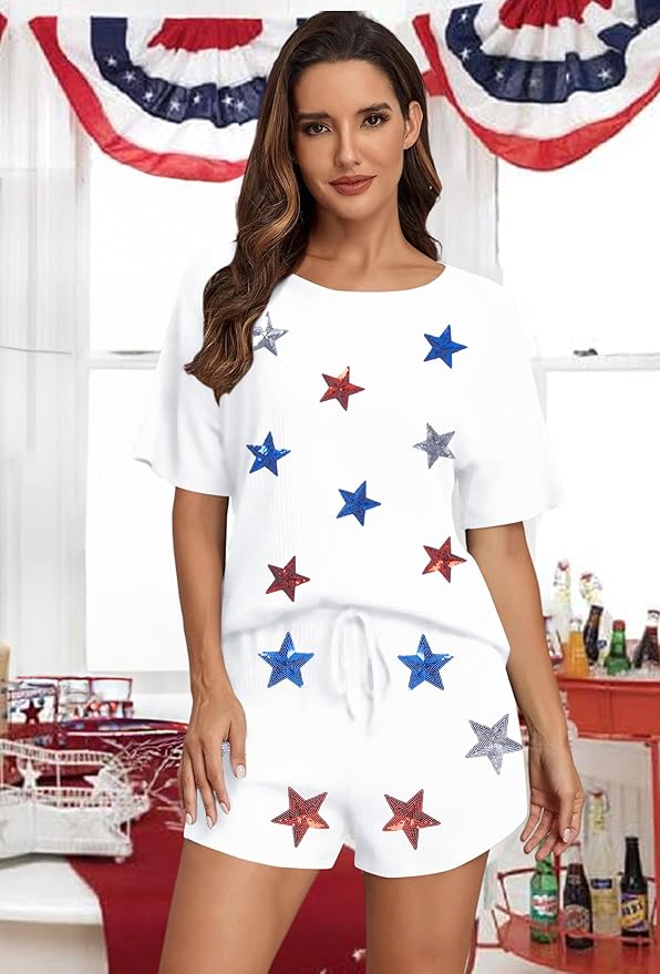 VILOVE 4th of July 2 Piece Sequin Outfits Women 250 Anniversary Usa Shirts and Short Sets Casual Patriotic Shirt Summer Set