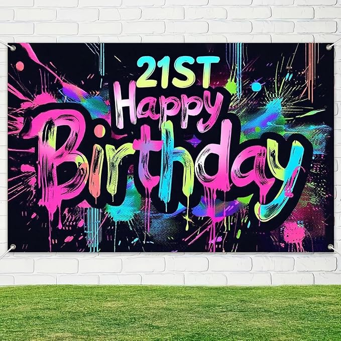 Neon 21st Happy Birthday Banner 71x43 Inch Paint Splatter Glow in The Dark Party Backdrop Colorful Wall Decor for Adults Boys Girls Twenty First Birthday Celebrations Props Event Supplies