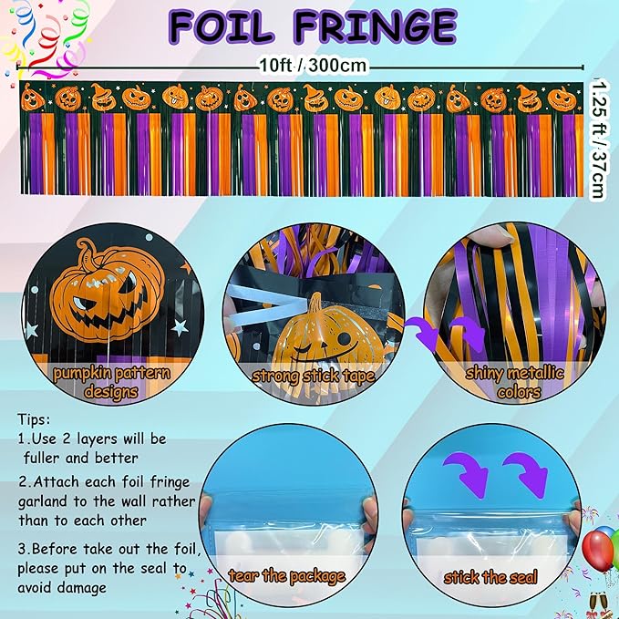4 Pack 39Ft Halloween Parade Floats for Trailer Car, Pumpkin Foil Fringe Garland Tinsel Streamers Banner Table Skirts for Graduation Homecoming Birthday Halloween Party (Pumpkin)