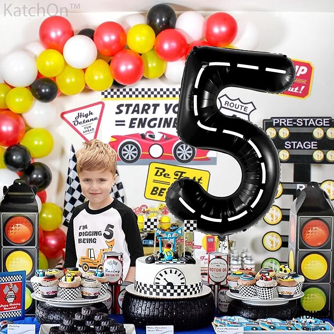 KatchOn, Number 5 Race Car Black Balloon - Giant 40 Inch, Party Supplies, Hotwheel Birthday Decorations, Unisex, All Ages, 3 Pieces