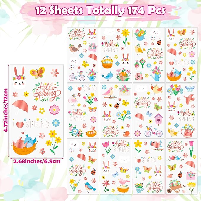 174 PCS Spring Temporary Tattoos, 12 Sheets Waterproof Hello Spring Tattoo, Rose Gold-Foil Spring Party Decorations Glitter Flowers Butterfly Egg Fillers for Easter Basket Stuffers Party Favors