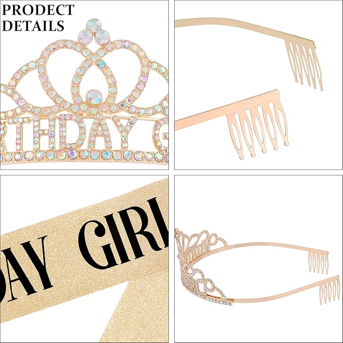 Chanaco Happy Birthday Crown for Women, Birthday Sash and Crown for Girls, Tiara and Sashes Kit, Rhinestone Hair Accessories “BIRTHDAY GIRL” Sash for Party Favors