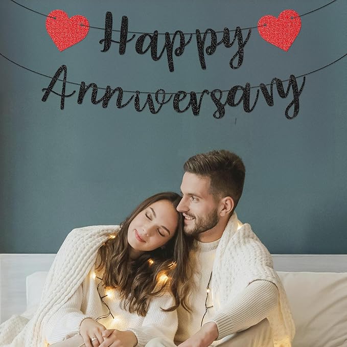 Happy Anniversary Banner, Pre-Strung Party Signs Decorations Glitter Banner for Couple Lovers Weeding Anniverniversary Party Decorations (Black)
