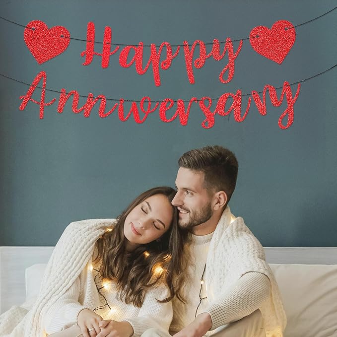 Happy Anniversary Banner, Pre-Strung Party Signs Decorations Glitter Banner for Couple Lovers Weeding Anniverniversary Party Decorations (Red)