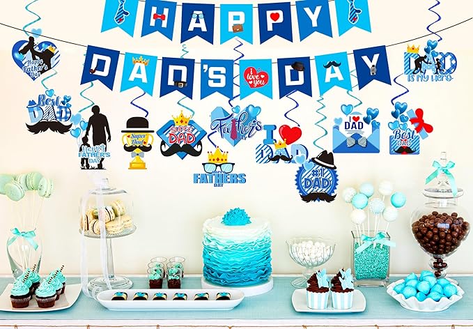 Father's Day Decorations – 1PCS Happy Father's Day Banner & 12PCS Hanging Swirls for Father’s Day Party Supplies