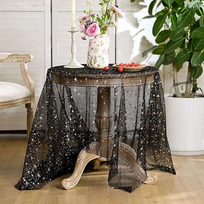 Horaldaily Black Gold Sparkling Star Gauze Tablecloth 60x60 Inch Square, Golden Star Sequin Glitter Metallic Foil, Sheer Tulle Cheesecloth for Wedding Baby Shower Party