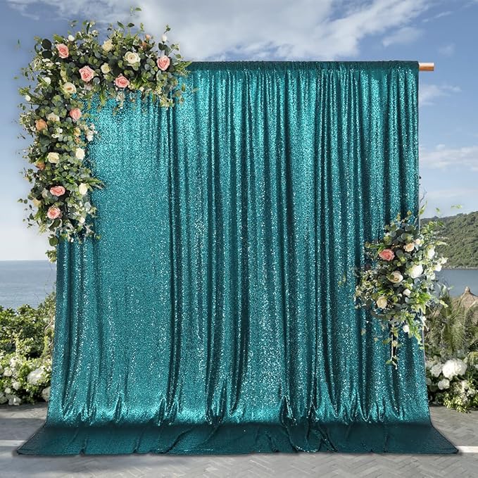 PartyDelight Teal Sequin Backdrop 10x10ft - High Density 3mm Shimmer Sequin Background with 4-Inch Rod Pocket, Sparkly Photography Curtain for Wedding, Gala, Stage & Large Event Decor