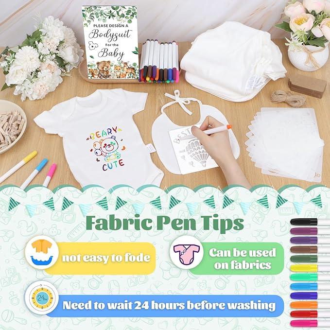 201 Pcs Baby Shower Set Baby Shower Game Sign Baby Bib Bodysuit White Baby Bib Newborn Bodysuit Baby Shower White Decorating Kit(Woodland Animal)