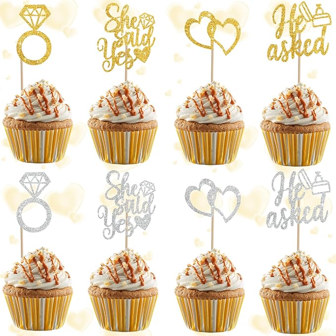 BEISHIDA He Asked She Said Yes Cupcake Toppers, 24 Pcs Engagement Cupcake Toppers Glitter Diamond Ring Heart Cupcake Picks for Wedding Engagement Bridal Shower Party Cake Decorations(Gold and Silver)