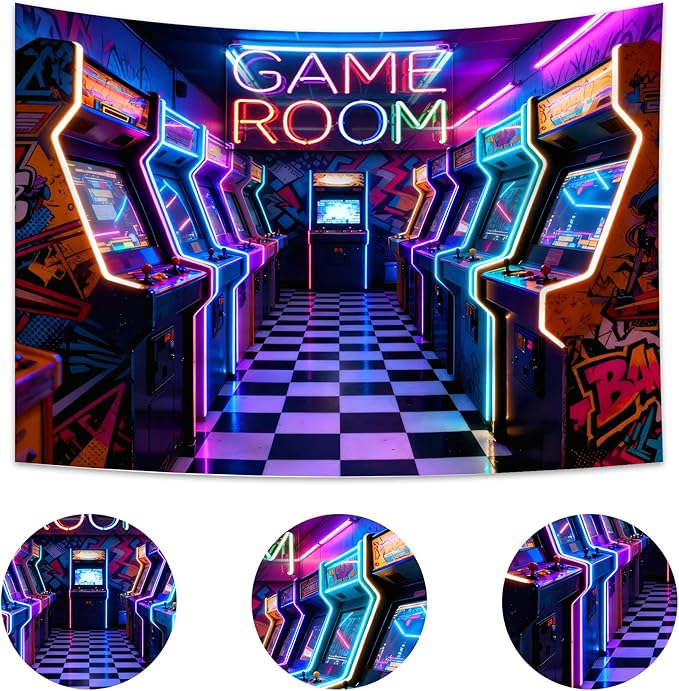 Imirell Arcade Neon Gaming Backdrop 7Wx5H Feet Retro Video Game Center Gamer Game Room Banner Boys Birthday Photography Backgrounds Baby Shower Party Decorations Photo Shoot Decor Props