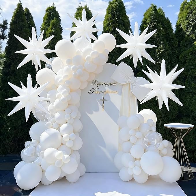 6PCS White Star Balloons, 22Inch Huge White Explosion Star Balloons Spike Cone Foil Balloon for Wedding Engegament Baptism Baby Shower Bridal Shower Birthday Party Supplies