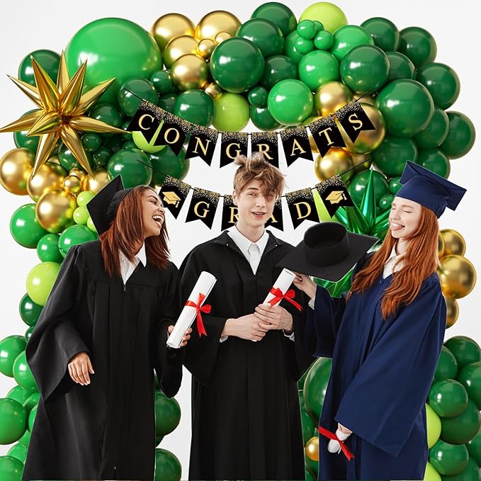 Green and Gold Balloon Garland Arch Kit with Stars, Different Sizes Emerald Dark Pastel Green Gold Balloons for Birthday Party 2026 Graduation Decorations Jungle Green Party Decorations