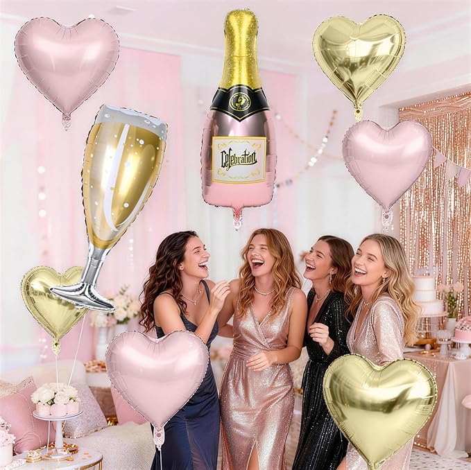 Champagne Balloons, Bachelorette Party Balloons with Champagne Bottle Glass Foil Mylar Balloon Baby Pink Gold Heart Shaped Balloon for Engagement Birthday Bridal Shower Wedding Anniversary Decorations
