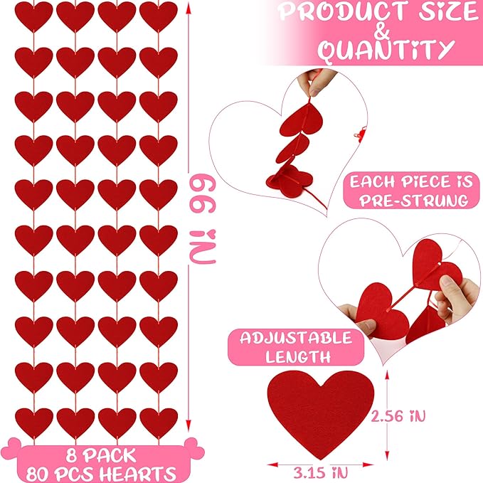 80PCS Felt Hearts, Valentines Day Decoration, Red Heart Garland, Pre-Strung Heart Banner Valentine's Day Banner Indoor Outdoor Hanging Party Decor for Wall Window Door Fireplace Office Home