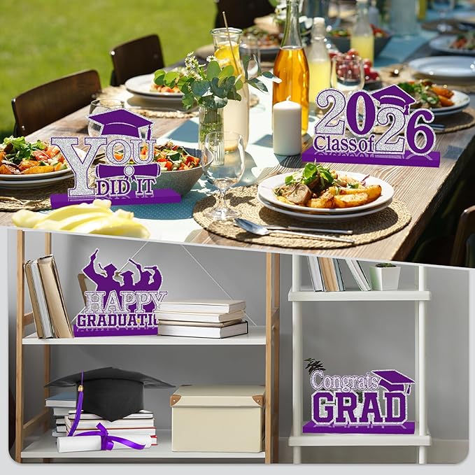 4Pcs Graduation Decorations Class of 2026 Wood Table Centerpieces Congrats Grad Wooden Sign Graduation Table Toppers Congratulate Tiered Tray Decor for 2026 Graduation Party (Purple-Silver)