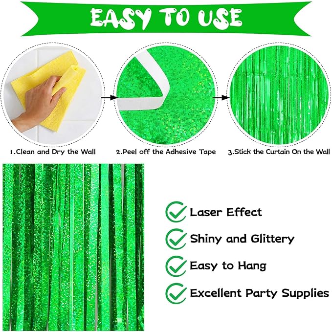 Green Tinsel Foil Fringe Curtain Backdrop, 3.3 x 8.2 ft Metallic Glitter Curtain Streamers, 2 Pack Green Photoboth for Birthday St Patrick's Day Christmas Party Decorations