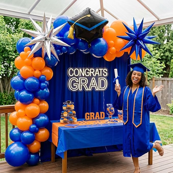 kozee royal blue and orange balloon garland arch kit 150+pcs with graduation cap Blue star mylar balloons for Men birthday 2026 Graduation Ceremony Prom decorations
