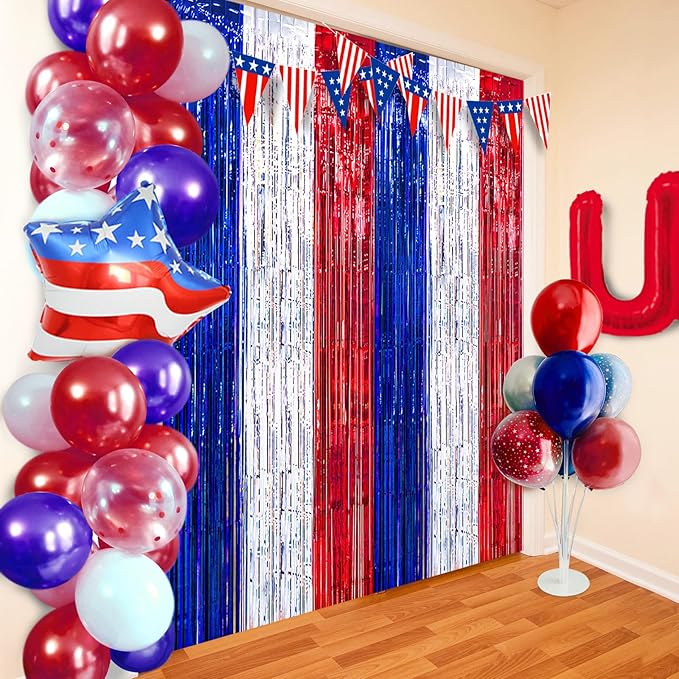 MYUPDALIN 2 Pack 4th of July Decorations - Tinsel Foil Fringe Red White and Blue Backdrop Patriotic Party Memorial Day Independence Day Labor Day, Veterans Day Party Decorations