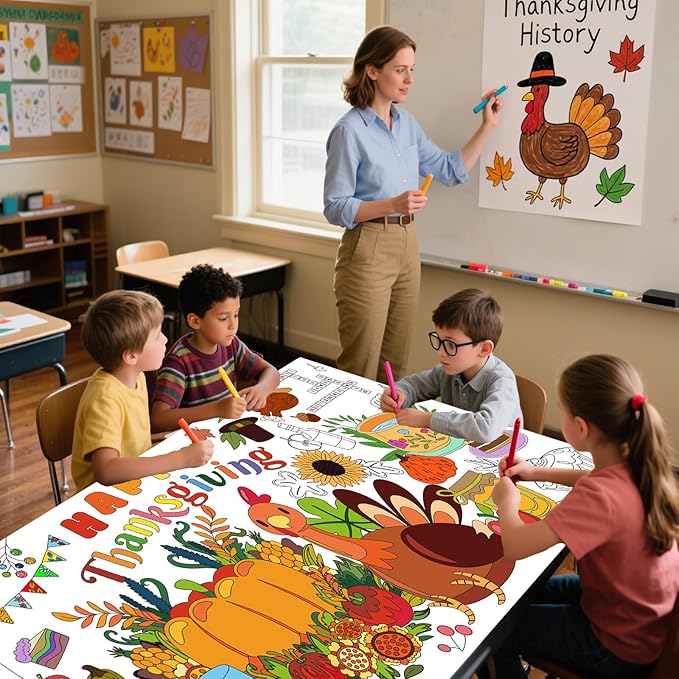 Thanksgiving Giant Coloring Poster,72 x 30 Inches Large Fall Thanksgiving Tablecloth/Banner for Kids DIY Coloring Tablecovers Gifts Turkey Pumpkin Fruits Fall School Classroom Home Party Supplies