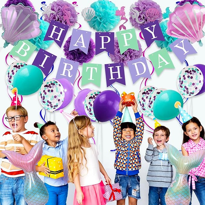 Mermaid Birthday Decorations for Girls Women 29pcs Party Supplies Including Pom Poms Flowers Happy Birthday Banner Dots Garland Hanging Swirls and Balloons Purple Teal Confetti