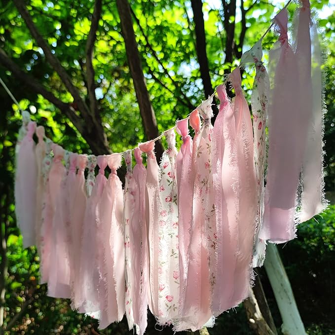 Pink Floral Tsaasel Garland for Wedding Spring Tea Party Haning Chiffon Tassel Banner Table Decor