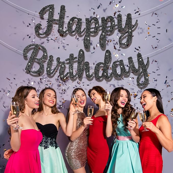 Glitter Happy Birthday Banner Sign Birthday Garland Wall Door Banners Flag for Women Men Boys Girls Party Backdrop Decorations Black