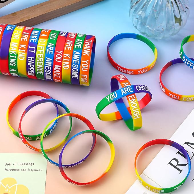 JUNEBRUSHS 42pcs Motivational Silicone Bracelets Rainbow Colors Inspirational Accessories Wristbands for Kids Teens Teacher Classroom Home Office Party Favor Gifts Supplies (14 Designs)